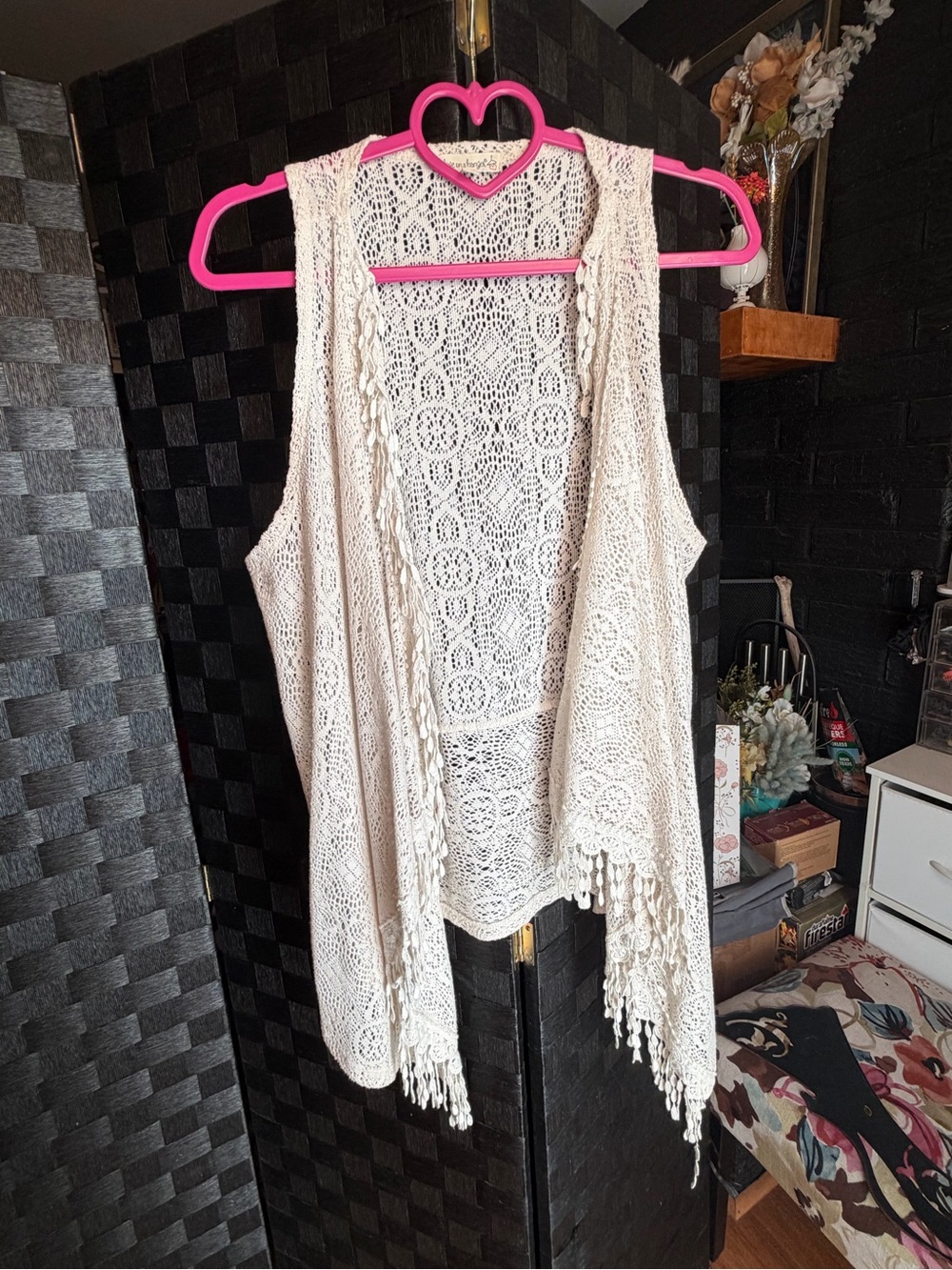 Love on a hanger -Boho Crochet Fringe Open Front Vest - Cream